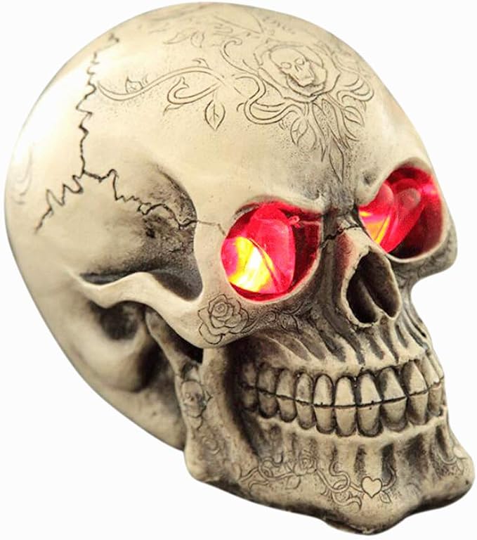 XGOPTS Resin Human Skull Head with LED Light Up Glowing Eyes Night Light