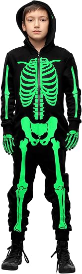 SOMSOC Halloween Kids Skeleton Onesie Costume Halloween Glowing Boys Gloves Glow In the Dark Skeleton Jumpsuit