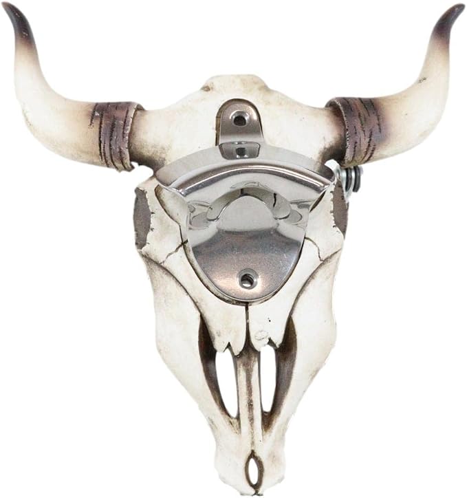 Ebros Gift Rustic Western Tribal Totem Horned Bull Steer Cow Skull Wall Mounted Soda Beer Glass Bottle Cap Stainless Steel Metal Opener Sculpture Ossuary Macabre Man Cave Accent - skull bottle