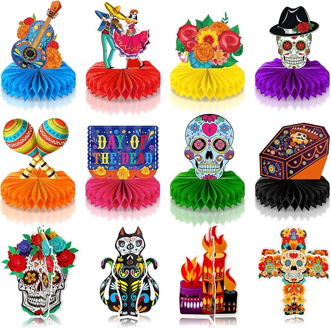 Faccito 12 Pcs Day of The Dead Honeycomb Centerpieces Sugar Skull Decor - skull figurine