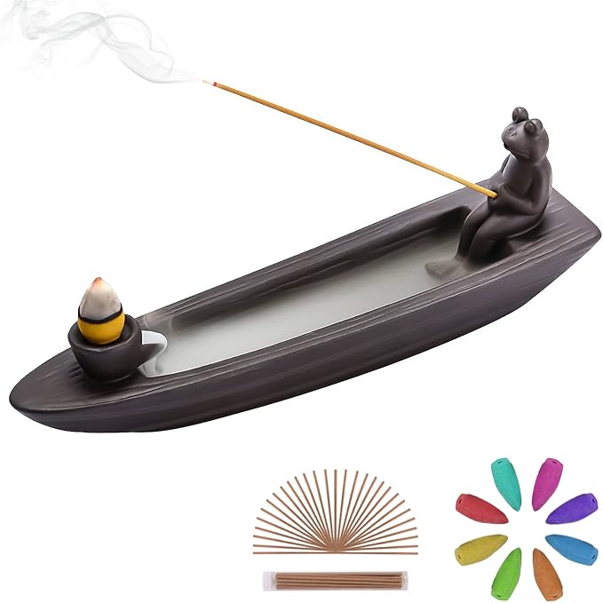 ChangWanna Frog Incense Holder Waterfall - Ceramic Cone Backflow Incense Burner Smoke Fountain, Back Flowing Incense Diffuser with 45 Sticks & 12 Cones, Frog Ornament for Aromatherapy/Yoga/Home Decor - skull incense burner
