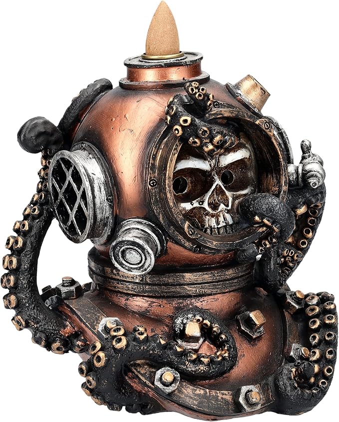 Pacific Giftware 6" Kraken Skull Mechanical Steampunk Backflow Incense Burner, Resin - skull incense burner