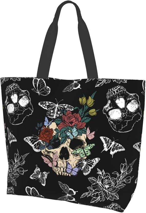 Flower Sugar Skull Tote Bags Reusable Women Shoulder Travel Beach Bag Shopping Work Daily - skull suitcase