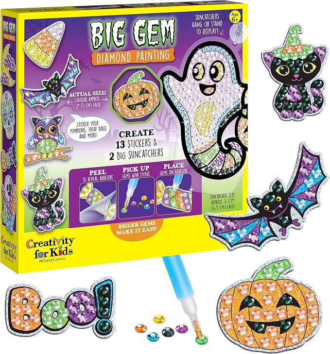 Creativity for Kids Halloween Big Gem Diamond Painting Kit | Create 13 Spooky Stickers & 2 Suncatchers with 1000+ Colorful Gems | Fun for Parties, Gifts & Seasonal Décor (Ages 6+) - skull painting