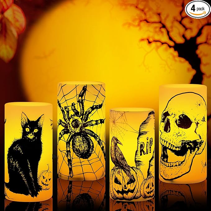Capoda 4 Pack Halloween LED Candles Flameless Flickering Battery Operated - skull candle