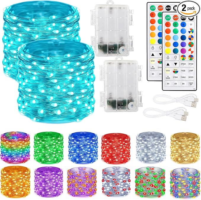 Dazzle Bright Color Changing Fairy Lights Battery Operated, 2 Pack Total 40FT 120LED Silver Copper Wire RGB String Lights with Remote, Waterproof Halloween Decorations for Indoor Outdoor Party Decor - string light