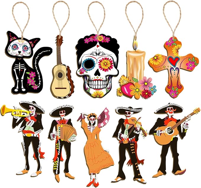 CMUSKO Dia De Los Muertos Decorations-30Pcs Day of the Dead Wood Ornaments Sugar Skull Hanging Wooden Sign,Halloween Tree Ornaments Mexican Fiesta Day of the Dead Decor - sugar skull ornament