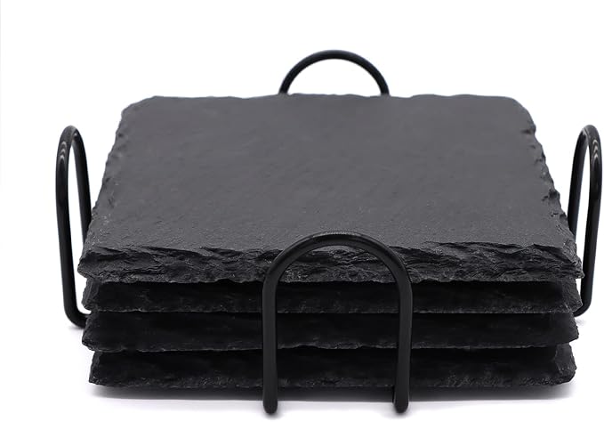 4 Pack 4 Inch Square Black Slate Coasters Set with Storage Holder - skull coaster