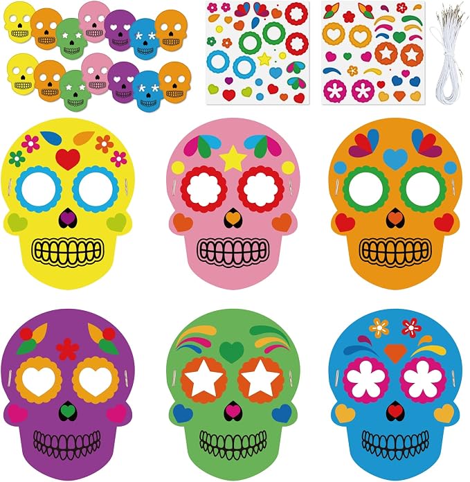 chiazllta 24 Pcs Sugar Skull Masks Craft for Kindergarten Kids, Day of the Dead Art Craft Kit DIY Paper Masks for Preschool Home Classroom Game Activities Party Favors - skull sticker