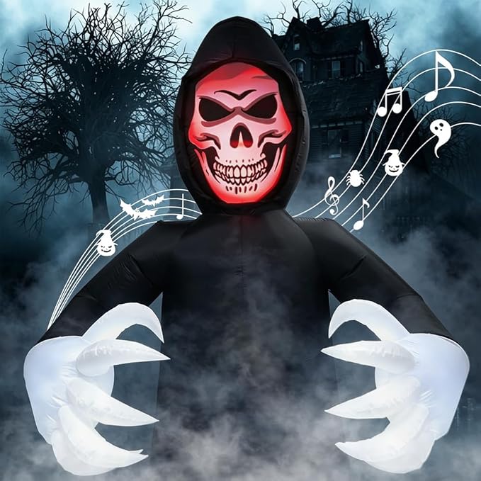 7.7FT Inflatables Grim Reaper, Halloween Giant Scary Blow Up Decoration with Sound Source LED Lights Stakes for Outdoor Yard Lawn Garden Party - skull inflatable