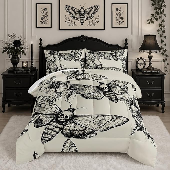 HOSIMA Gothic Death Moth Skull Heads Comforter Twin with 2 Pillowcases.