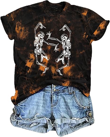 Dancing Skeleton Shirt for Women Happy Halloween T-Shirt Short Sleeve - skull tshirt