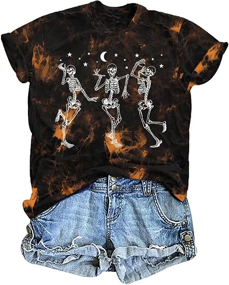 Dancing Skeleton Shirt for Women Happy Halloween T-Shirt Short Sleeve - skull tshirt