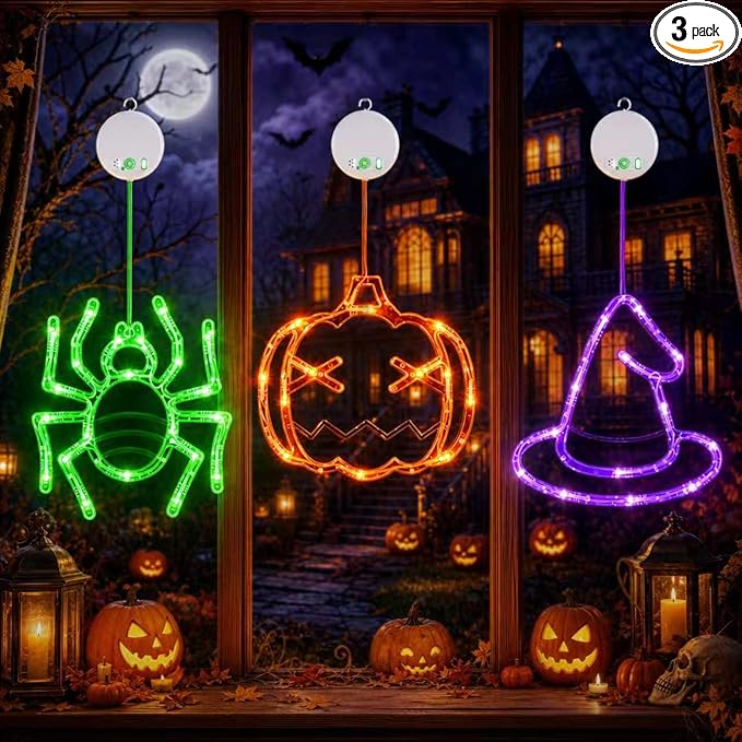 LOLStar Halloween Window Lights, 3 Pack Pumpkin, Spider, Witch Hat Lights - string light