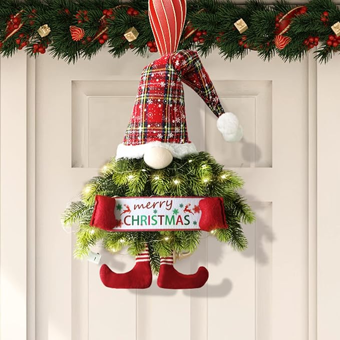 30 Inch Christmas Wreath Pine Needle Christmas Door Wreath Gnome for Window, Hanging Ornament Swedish Tomte Christmas Decorations Wreath for Room Window Porch with Led String Lights - skull wreath