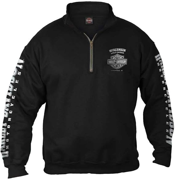 Harley-Davidson Men's Lightning Crest 1/4 Zip Cadet Pullover Sweatshirt, Black - skull hoodie