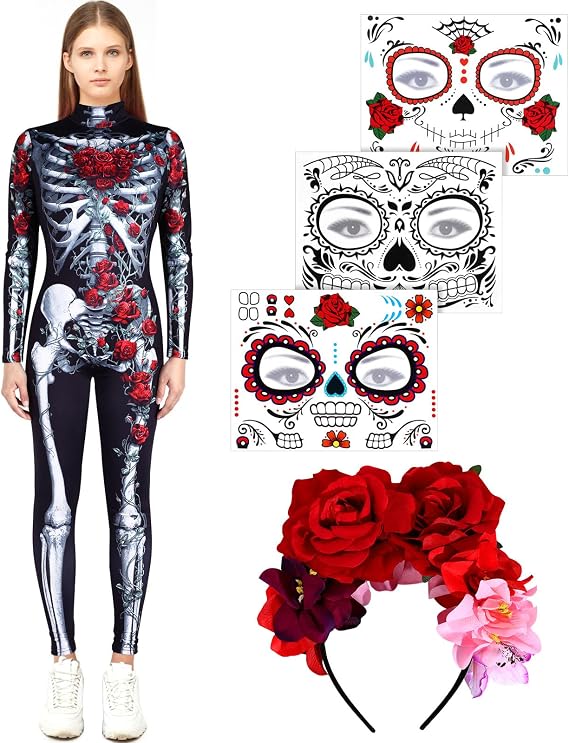 Sintege Halloween Skeleton Costume Womens Body Suit Costume Set - sugar skull dress