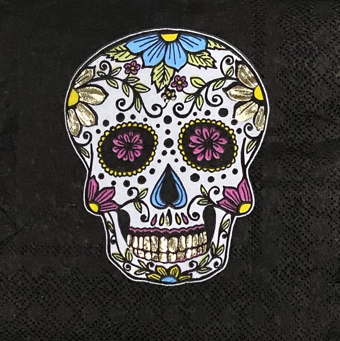 Pack of 40 Day of the Dead Sugar Skull Cocktail Napkins 5x5’’ Beverage Chic Dia de los Muertos Halloween Party Napkins Bar Black w/Gold Foil Accents - skull toilet paper