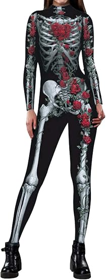 Womens Halloween Skeleton Costume Skull Bodysuit Jumpsuit Onesie - sugar skull makeup