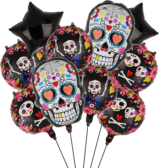 Day of the Dead Sugar Skull Foil Balloon dia de los muertos globos Set Halloween Theme Gothic Party Mexican Birthday Balloons Decorations Supplies Round Black Star 10 PCS - skull inflatable