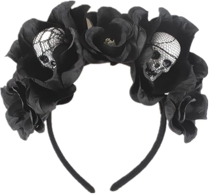 JEAIRTS Black Halloween Headband Gothic Skull Day of The Dead Headpiece