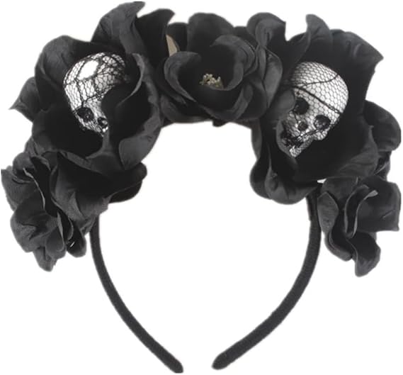 JEAIRTS Black Halloween Headband Gothic Skull Day of The Dead Headpiece - sugar skull costume