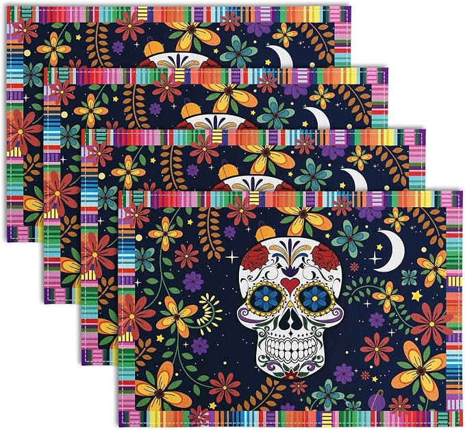 AnyDesign Halloween Day of The Dead Sugar Skull Placemats, Mexican Style - skull plate