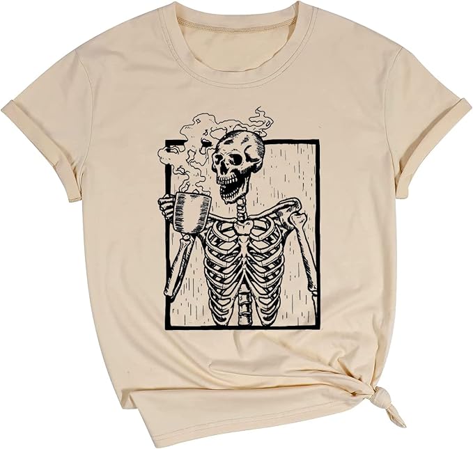 Hot Coffee Skeleton Shirt Women Halloween Skeleton Tshirt Funny Skull Graphic Tees Casual Fall Short Sleeve Tops