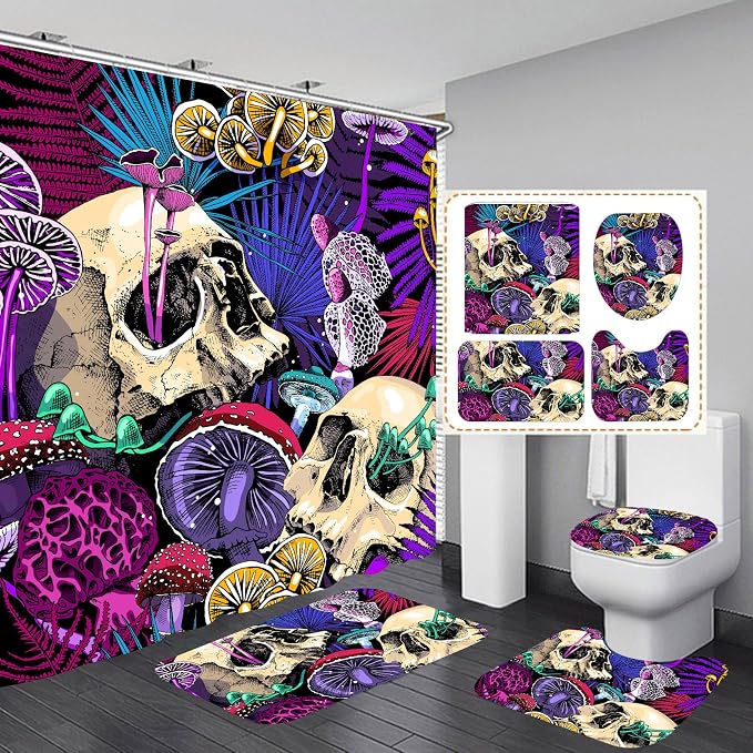 4Pcs Skull Shower Curtain Set,Mushroom Shower Curtain Set Non-Slip Rug,Toilet Lid Cover,U Shape Mat,Waterproof Bathroom Decor Sets with 12 Hooks Purple - skull toilet mat