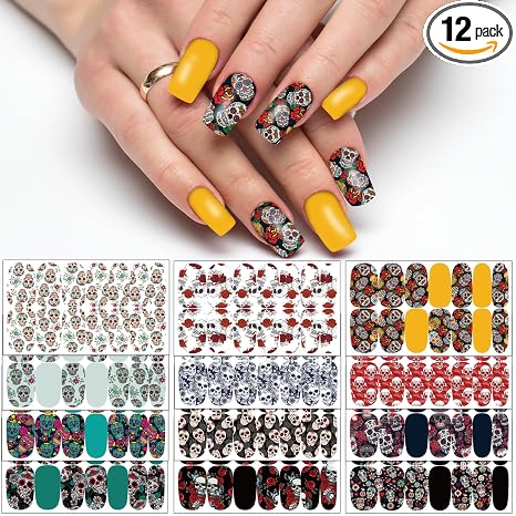 TailaiMei 12 Sheets Day of the Dead Nail Wraps Strips Stickers, Día de Muertos Self-Adhesive Halloween Skulls Nail Art Decals for DIY Horror Nail Decorations (Skull Style) - skull sticker