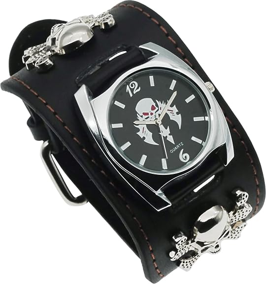 Good Leather Punk Skull Quartz Men’s Wrist Watch,Big Dial Skull Women’s Watch,Skull+Chains+Rivets Elements,Fashion Gift Watch Cool, Black