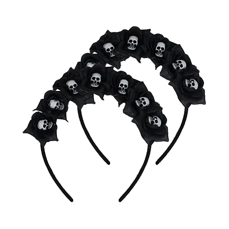 2-Pack Halloween Skull Headpiece Black Rose Flower Crown Headband the Dead Costume Flower Crown Headdress for Halloween Decor - skull headband