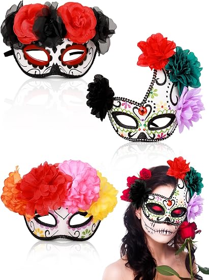 Sratte 3 Pcs Day of the Dead Face Masks Sugar Skull Half Masks - sugar skull makeup