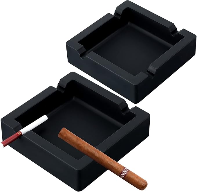 Chumia 2 Pcs Cigar Ashtrays for Outdoors Square Ash Holder 6 Inch Silicone Ashtray Men Deep Cool Ash Holder with 4 Dual Use Rest for Gift Patio Outside Indoor Home Decor(Black) - skull ashtray