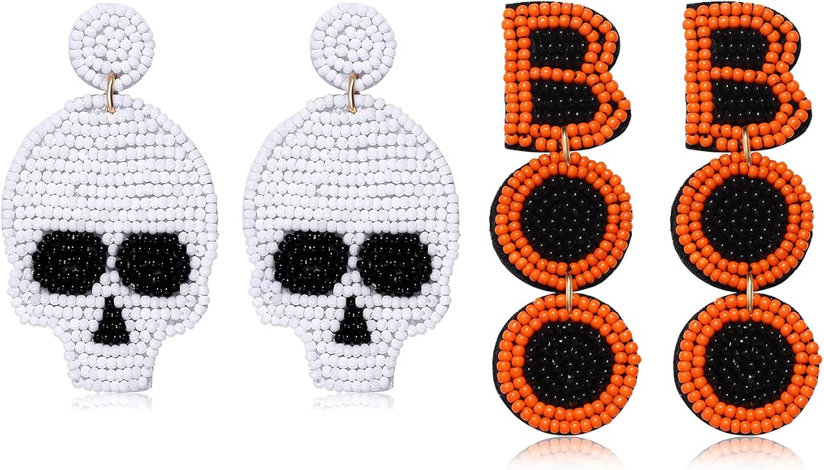 NLCAC Halloween Beaded Skull Earrings Statement Spooky Sugar Skull Skeleton Beaded Dangle Earrings Halloween Costume Jewelry for Women - skull plate