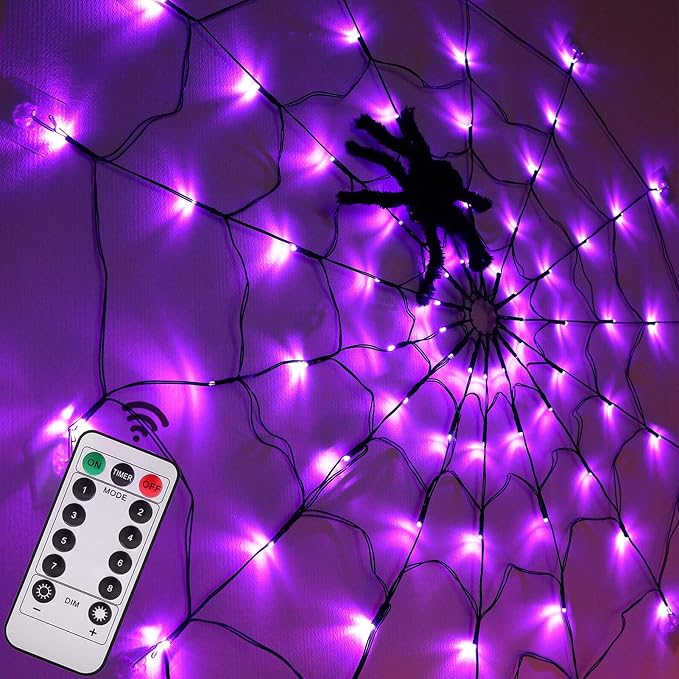 Halloween Decorations Spider Web Lights - 4FT Diameter 70 LEDs with Black Spider, Waterproof Net Lights, Remote Control, 8 Modes Cobweb Halloween Decorations for House Garden Indoor Outdoor (Purple) - string light