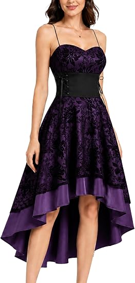 Steampunk Gothic High Low Dress for Women Vintage Floral Lace Dress Spaghetti Strap Lolita Dress Lace Up Corset Dresses - sugar skull dress