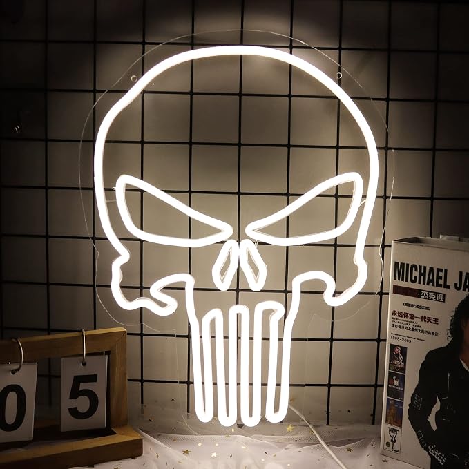Skull Punisher Neon Signs for Wall Decor Punisher Logo Neon Lights for Bedroom Led Signs Suitable for Man Cave Living Room Bar Cafe Unique Gift for Lover, 5V USB Power 16.5 * 13 Inch(White)