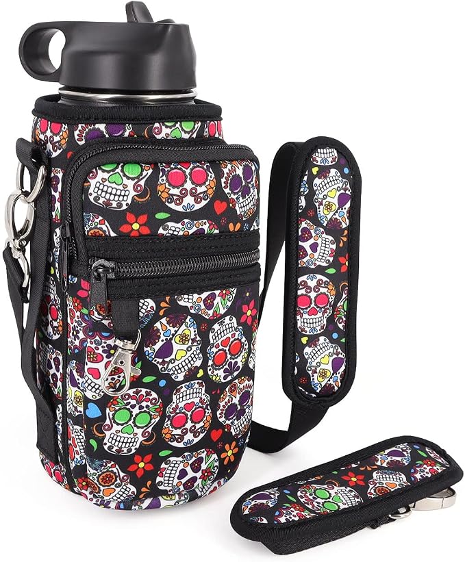 Water Bottle Holder Sling Bag Sleeve Carrier 32oz 40oz 64oz, Insulated Crossbody Water Bottle Case Cover with Padded Strap and 2 Pockets for Walking Hiking Camping - sugar skull handbags for sale