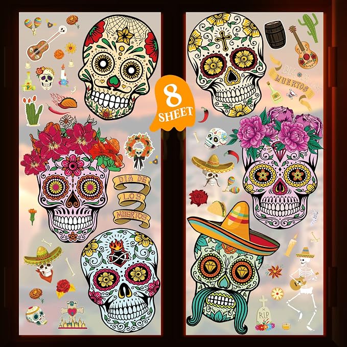 Yerliker 8 Sheet Dia De Los Muertos Decorations, Window Clings Decals - skull sticker