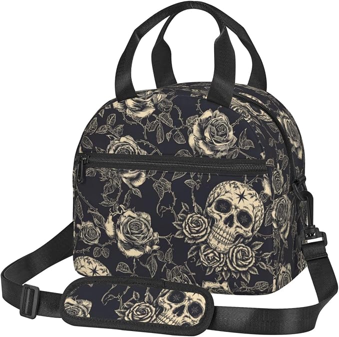 bassyil Skull Insulated Lunch Bag Reusable Lunch Box With Adjustable Shoulder Strap Cooler Tote Bag For Men Women - skull suitcase
