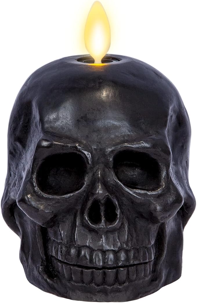 Luminara – Flameless Flickering Moving Flame Battery Operated Candle LED Décor – Spooky Halloween Collection- 3.75″ x 4.25″ Real Wax Small Skeleton Skull Figural