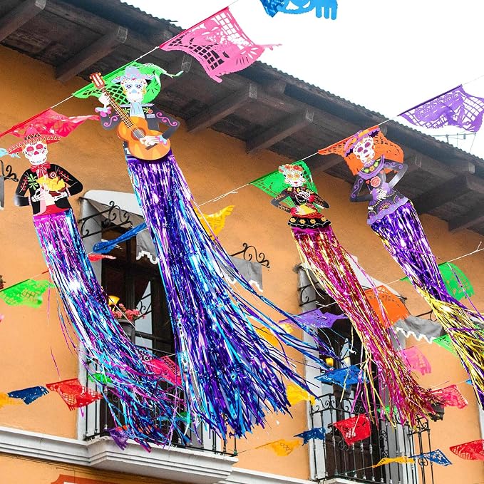 4 Pieces Day of The Dead Hanging Decorations Dia de Los Muertos Decor Banner for Party Decorations Home Indoor Outdoor Supplies, Halloween Sugar Skull Decor - sugar skull ornament