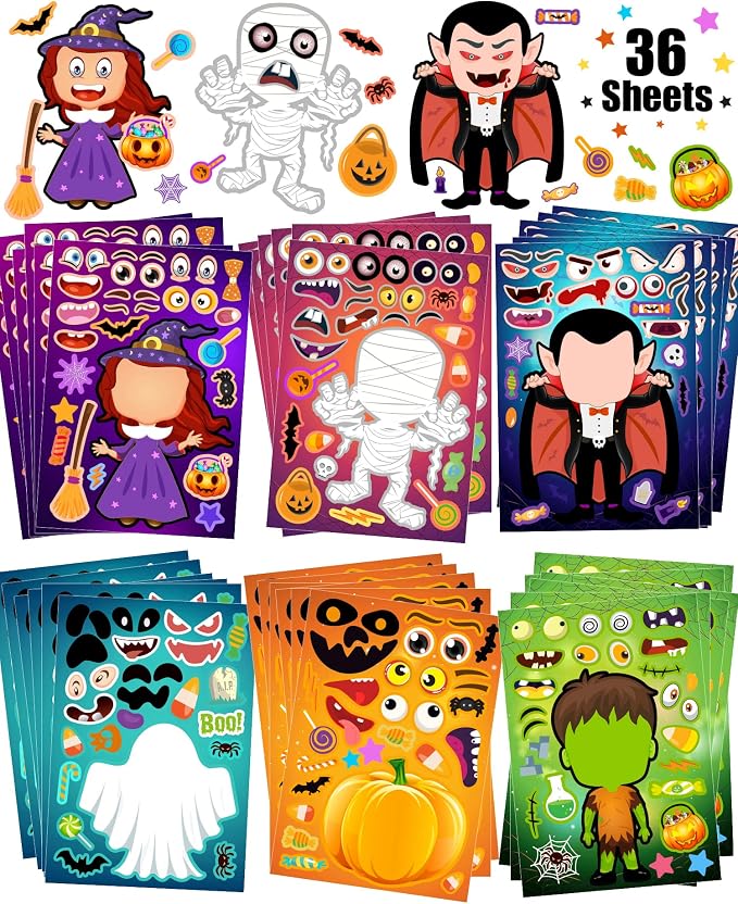 36 Sheets Halloween Stickers for Kids, Make Your Own Halloween Stickers - skull sticker