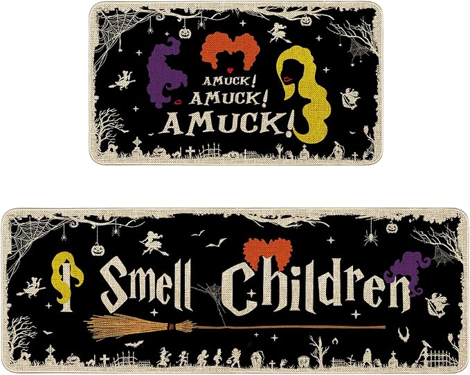 Halloween Kitchen Mat Decor, Non Slip Washable I Smell Children Halloween Kitchen Rugs Set of 2 Witch Floor Mat Indoor Witchy Rug Kitchen Decorations