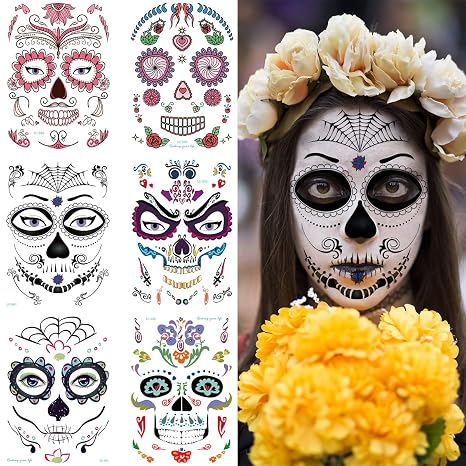 Halloween Temporary Face Tattoo Sticker, Day of The Dead Full Face Makeup for Party Costume Sugar Skull Floral Skeleton Web Red Roses Tattoos(Style A) - sugar skull makeup
