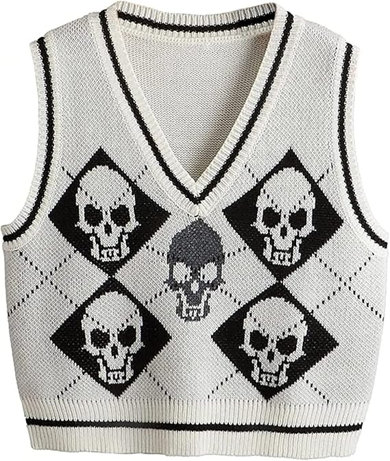jinghuiyue Women's Sleeveless Sweater Vest Halloween Skull Printed Knit Vest V Neck Crop Pullover Knitwear Tank Tops - skull tank tops