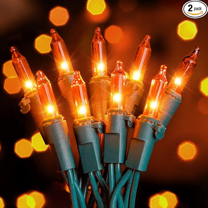 Hopolon Mini Orange Halloween Lights, 2PACK Total 100Count 26FT,Green Wire - string light