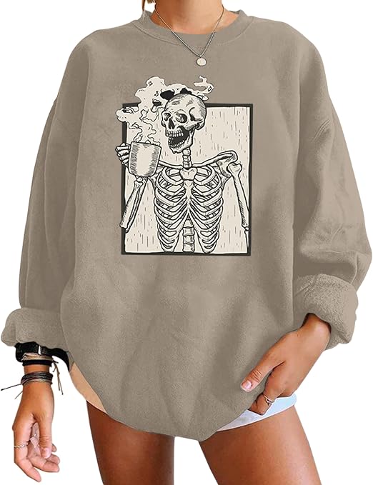 Meladyan Halloween Skull Graphic Print Fleece Oversized Sweatshirt Crewneck Long Sleeve Drop Shoulder Pullover - skull hoodie