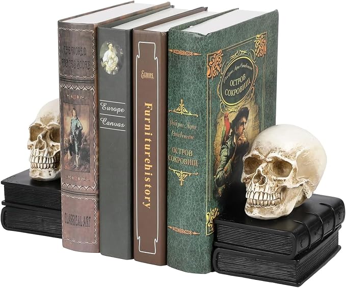 MyGift Skull Bookends Gothic Resin Book Ends Heavy Books Set of 2 - skull figurine